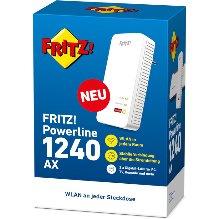 Набір FFRITZ!Powerline 1240 AX WLAN: Powerline Gigabit Wi-Fi 6, точка доступу WLAN, для медіа-трансляції, HD-відео, інтернет-ТБ, 1200 Мбіт/с