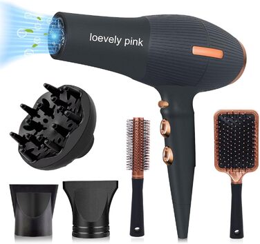 Професійний фен лоеvely рожевий 2400W з іонізацією та AC мотором, з насадкою-дифузором, 3 режими нагріву та 2 швидкості, для дому та салону