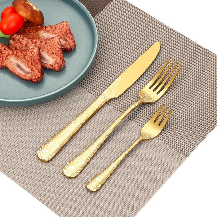 Gold Cutlery Set for 6 People, HONKKU 30-Piece Stainless Steel Cutlery Set, Dining Cutlery Set Mirror Polished with Floral Patterns, Fork Spoon Knife Set Dishwasher Safe