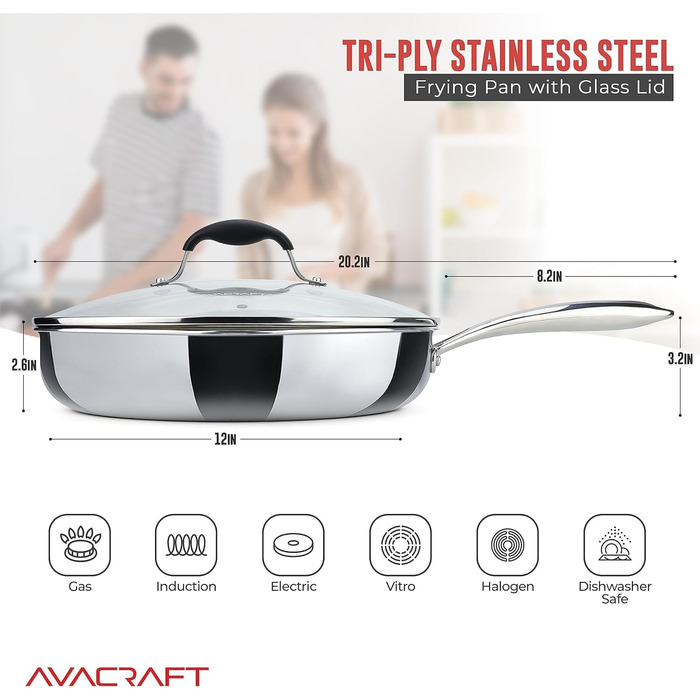 Сковорода з нержавіючої сталі AVACRAFT 18/10 Tri-Ply з кришкою, виливами, Cool-Touch ручкою, для індукційних плит, 25 см