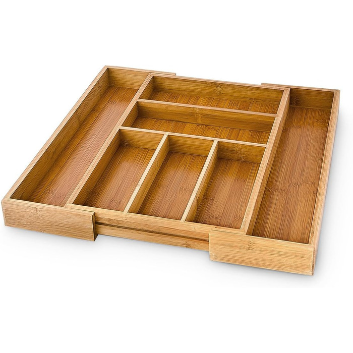 Relaxdays Cutlery Box Adjustable (H x W x D): approx. 5 x 48 x 46 cm. Bamboo drawer insert with 5 to 7 compartments as a cutlery insert and kitchen organizer, large cutlery tray for the drawer, natural.