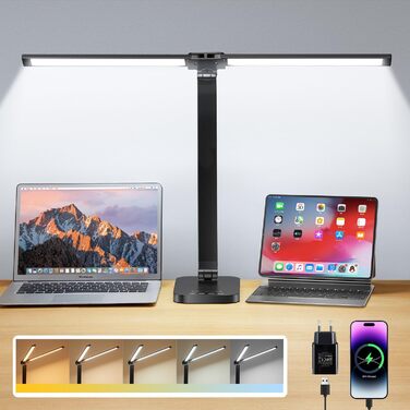 Настільна лампа One Fire з адаптером, 1000 люмен, 96 LED, диммування, для навчання дітей, з таймером та функцією пам'яті, денне світло, білий/чорний колір