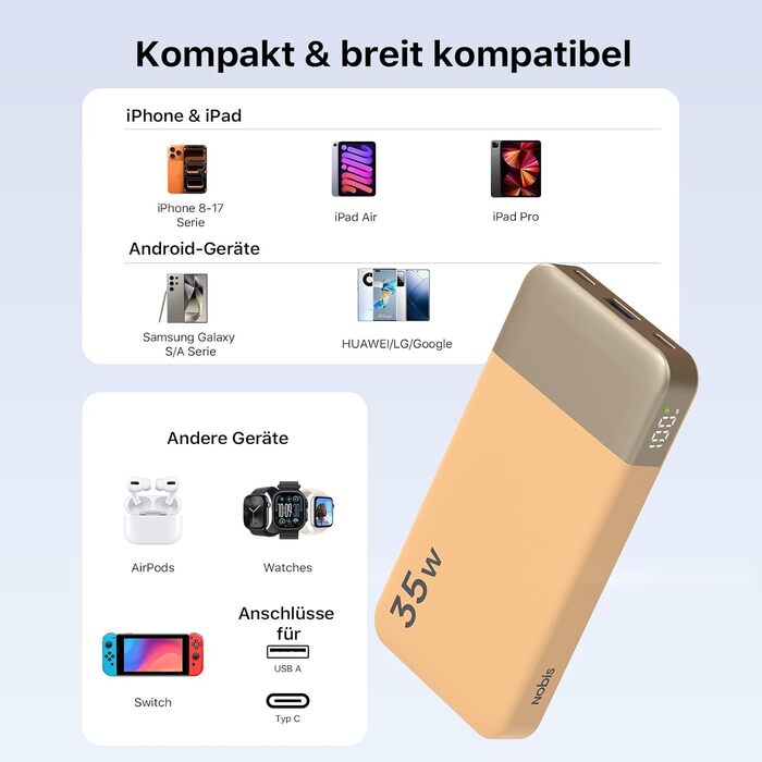 Power Bank Nobis 35W 10000mAh з двома USB-C, USB-A та цифровим дисплеєм (Оранжевий)