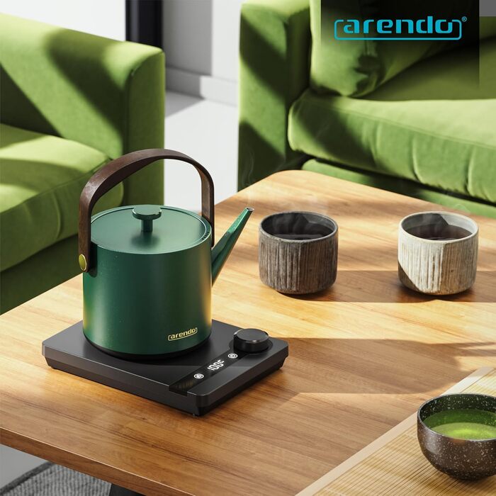 Електричний чайник Arendo з регулюванням температури 40-100°C, 0.6 л, з цифровою основою, з індикатором температури, BPA Free, функція підтримки тепла, чорно-зелений