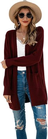 Кардиган жіночий Saodiallsu з довгими рукавами, легкий, однотонний, з кишенею (Вишневий, L)