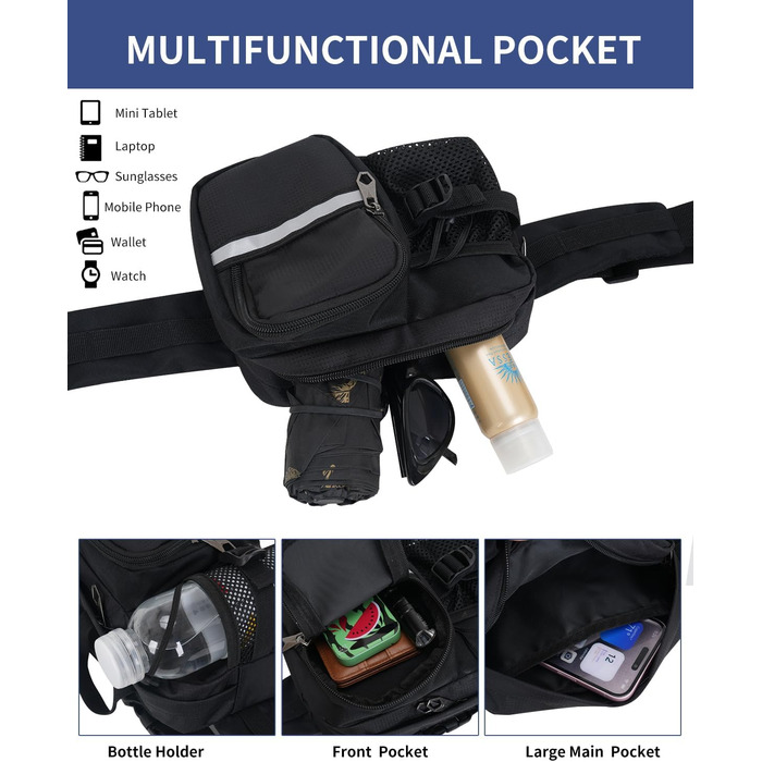 Чоловіча та жіноча поясна сумка-рюкзак на пояс, чорна. Водовідштовхуюча, для подорожей, спорту, бігу та активного відпочинку.