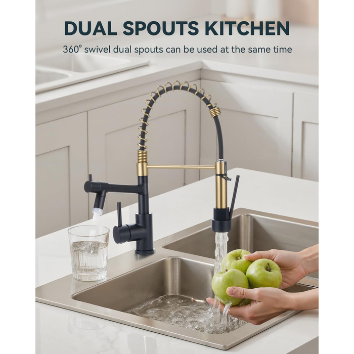 Кран кухонний LED Warmiehomy професійний, 360° поворотний, з двома виливами, високий вигин, спіральна пружина, для мийки, брашований нікель (чорний та золотий)