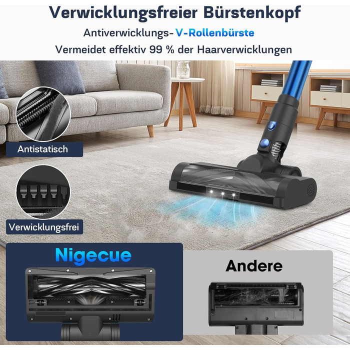 Бездротовий пилосос Nigecue 550W з акумулятором, 45000Pa, 60 хвилин роботи, Smart-дисплеєм, антизаплутувальною щіткою та контейнером 1.5L. Ідеально підходить для твердих підлог, килимів та видалення шерсті тварин.