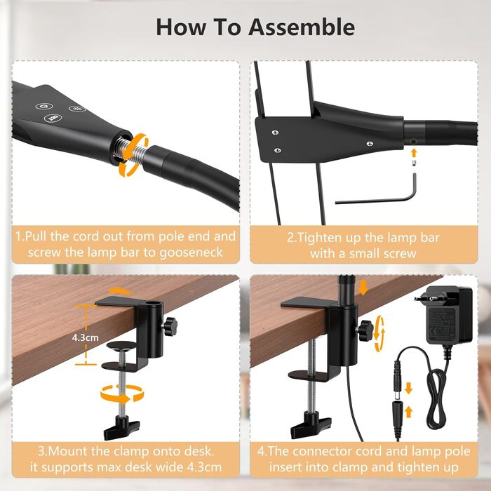 LED Desk Lamp with Adjustable Gooseneck - Dual Head, 1200 Lumens, Eye Protection for Home Office & Study - Black with 5 Color Temperature/Brightness Levels