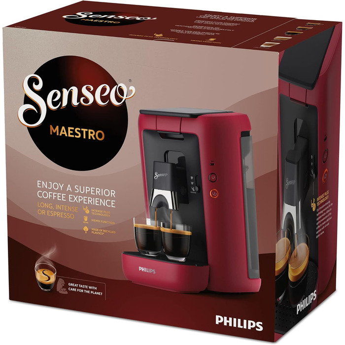 Philips Senseo Maestro Coffee Pad Machine with Coffee Strength Selection and Memory Function, 1.2 Liter Water Tank, Eco Product, Color: Red (CSA260/90)