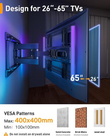 Кріплення для телевізора Perlegear з підсвічуванням LED, для телевізорів 26-65 дюймів, до 45 кг, VESA 400x400mm, поворотне, розсувне, нахильне PGMF20