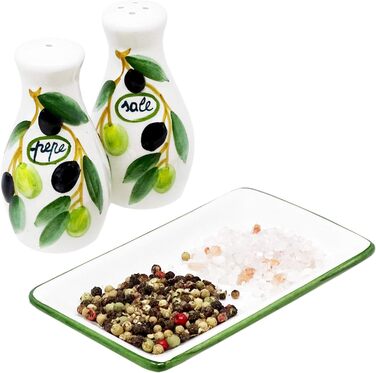 Handmade salt and pepper shaker set from Italian ceramic, 3-piece in olive green design with tray, size 14x8 cm