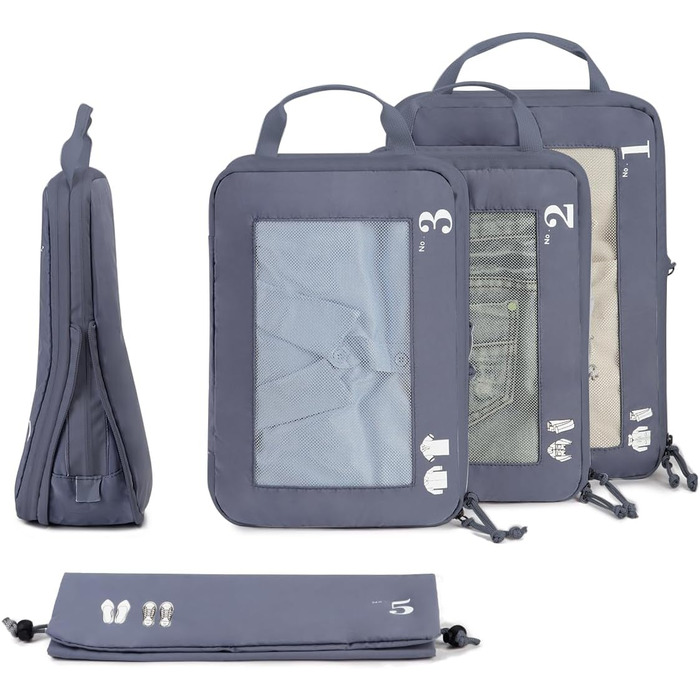 Набір органайзерів для валізи ECOHUB (5 шт.) - кофри, пакувальні куби, органайзери для подорожей (темно-зелений, темно-сірий)