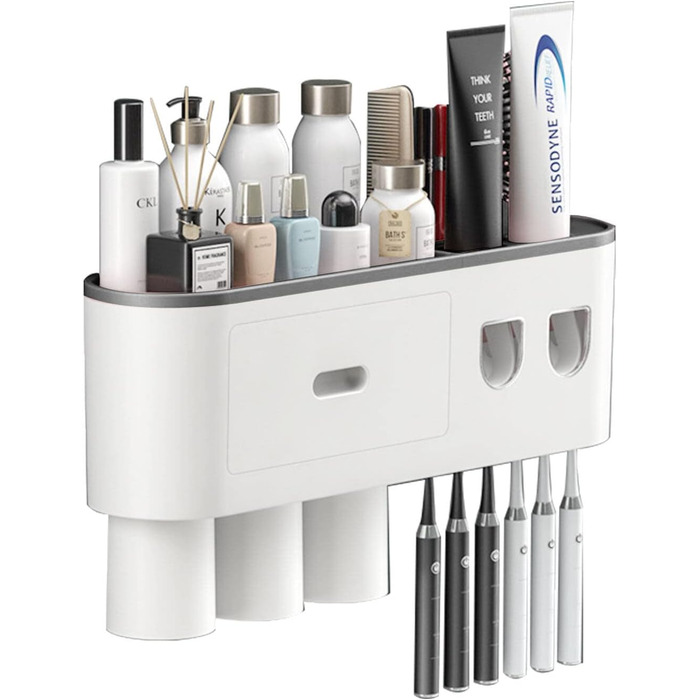 Toothpaste Dispenser Bathroom Toothbrush Holder Set, Wall-Mounted Toothbrush Holder with Double Automatic Toothpaste Dispenser, 3 Cups and Drawer for Bathroom