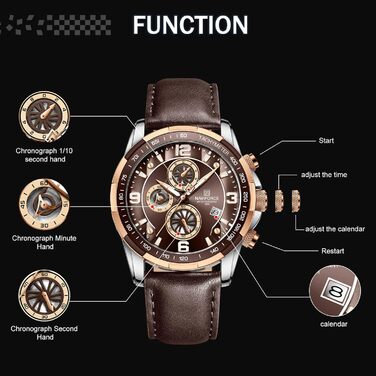 Годинники Naviforce Sport для чоловіків, аналогові, кварцові, з хронографом, на шкіряному ремінці (рожеве золото, кавовий, коричневий)