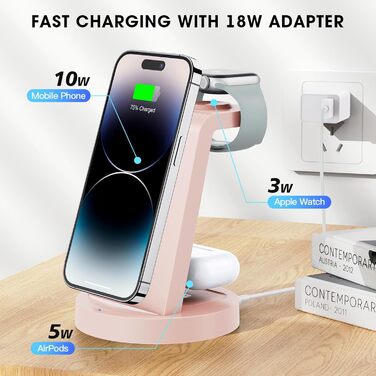 Зарядний станція 3 в 1 для iPhone: швидка бездротова зарядка для Apple iPhone 16, 15, 14, 13, 12, 11, X, Pro, Max та Apple Watch 10, 9, 8, 7, 6, SE, AirPods 4, 3, Pro з адаптером 18W (Рожевий)
