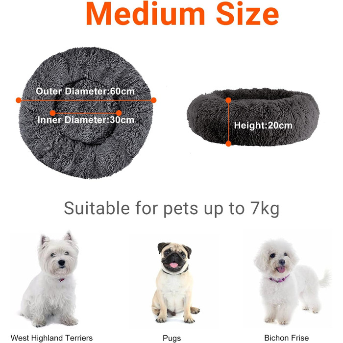 fireowl Donut Dog Bed Large Fluffy: 70cm Soothing Puppy Bed Anti-Anxiety Cat Bed - Plush Pet Bed Round Cozy Washable (L 60 x W 60 x H 20 cm, Grey)