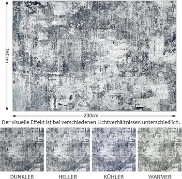 Килим для вітальні та спальні 160x230 см, сірий, короткий ворс, абстрактний, вінтажний дизайн, легко миється, не слизький