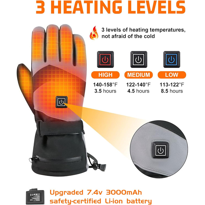 Гріючі рукавички 7.4V 3000mAh для жінок та чоловіків, водонепроникні, вітрозахисні, з підтримкою сенсорного екрану, для мотоциклів, активного відпочинку, походів та кемпінгу (L, Чорний)
