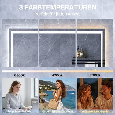 Дзеркало для ванної кімнати HySail з підсвічуванням, 5 мм, висока роздільна здатність, срібне скло, 3 колірні температури, регульована яскравість, сенсорний вимикач, антизапарник, 80 x 60 см