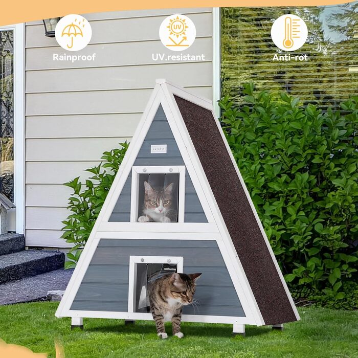 Вуличний дерев'яний будиночок для котів Petsfit, 2 поверхи, з аварійним виходом, з ялинової деревини, сірий, водонепроникний