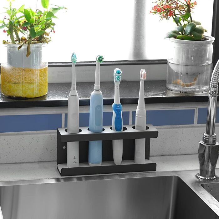 Настінний електричний тримач для зубних щіток на 4 слоти з мискою з діатоміту, підходить для AquaSonic, Kingheroes, Oral-B (Чорний)
