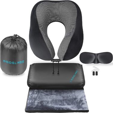 ProGlobe Travel Pillow Set - Memory Foam Neck Pillow for Flights with Sleep Mask, Earplugs, Blanket & Carry Bag
