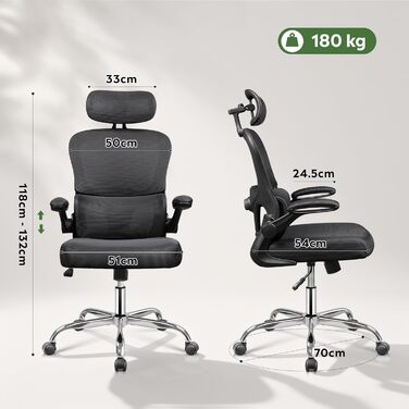 Офісне крісло Devaise ергономічне, з підтримкою попереку, 3D-підголівником, регульованими підлокітниками та сітчастою спинкою, для офісу та дому, до 150 кг, чорне