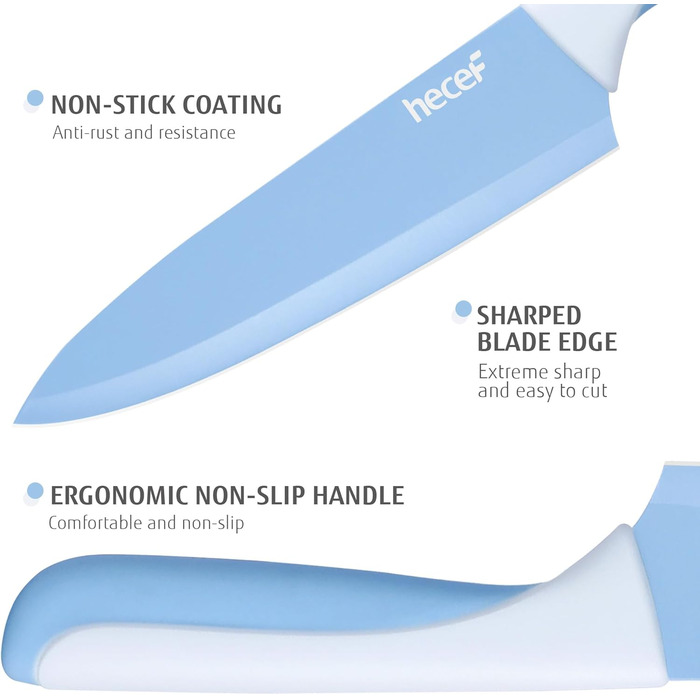 Набір ножів Hecef 14 предметів у блоці, з антипригарним покриттям, для миття в посудомийній машині, самозаточуваний блок, ергономічні ручки, кухонний набір для будь-якої кухні (блакитний)