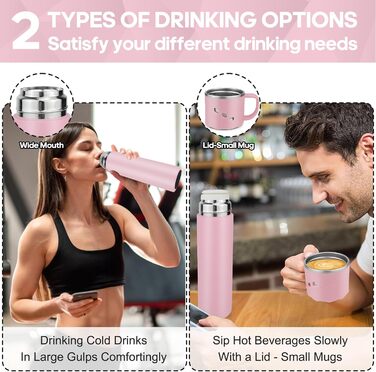 Термокружка-термос з нержавіючої сталі 550 мл, без витоку, з чашкою та ручкою, вакуумна термоізоляція 12 год гаряча / 12 год холодна, неслизька, для кави, спорту, роботи, школи, автомобіля (Рожева)
