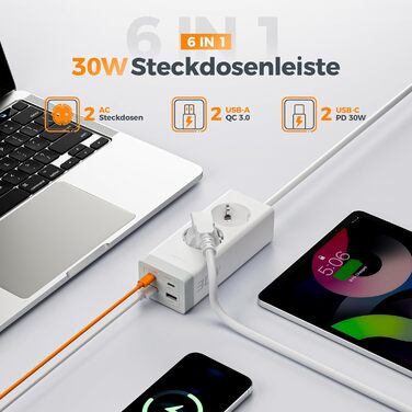 TESSAN Розподільник розеток USB-C 30W з GaN, 2 розетки, 2м кабель, захист від перенапруги 3600W, білий