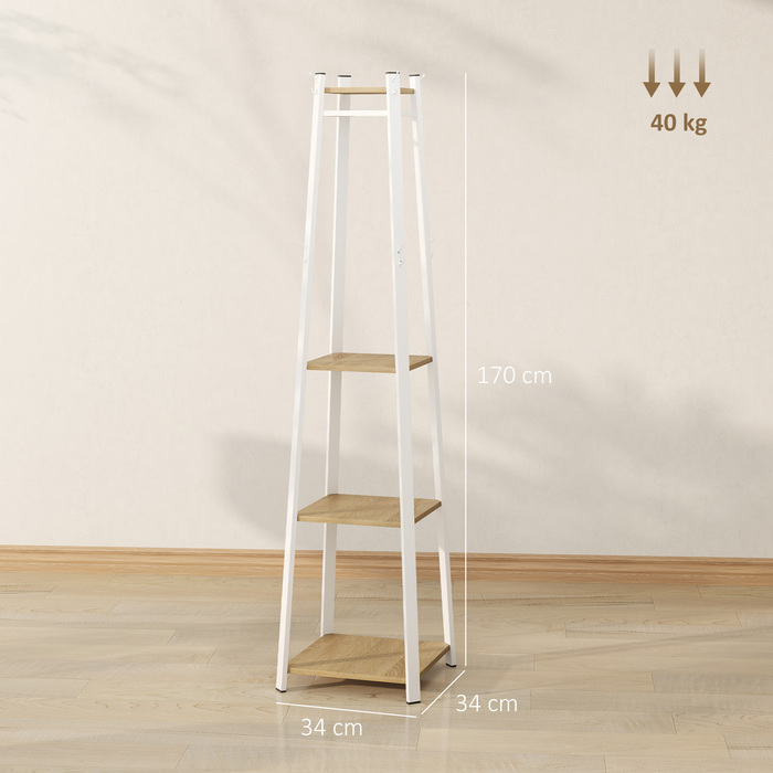 HOMCOM Coat Rack, Clothes Rack with 8 Hooks, 4 Tiers, Steel Coat Stand for Clothes, Hats, Entryway, Hallway, 34 x 34 x 170 cm, White | Aosom