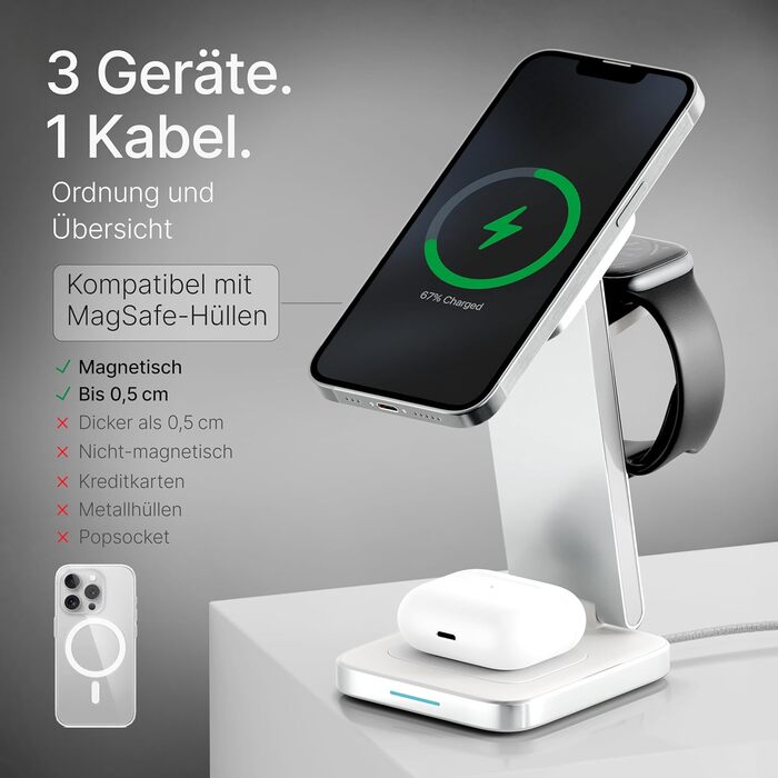 TEGLER 3-в-1 MagSafe зарядний пристрій: алюмінієва зарядна станція для iPhone, Apple Watch та AirPods, з адаптером 20W та USB-C кабелем