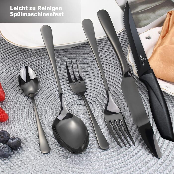 Набір столових приборів на 6 осіб Targzier 36 предметів: ложки, виделки, ножі для стейку. Якісний набір столових приборів з нержавіючої сталі, чорний колір, для сім'ї, вечірки, готелю, придатний для миття в посудомийній машині.