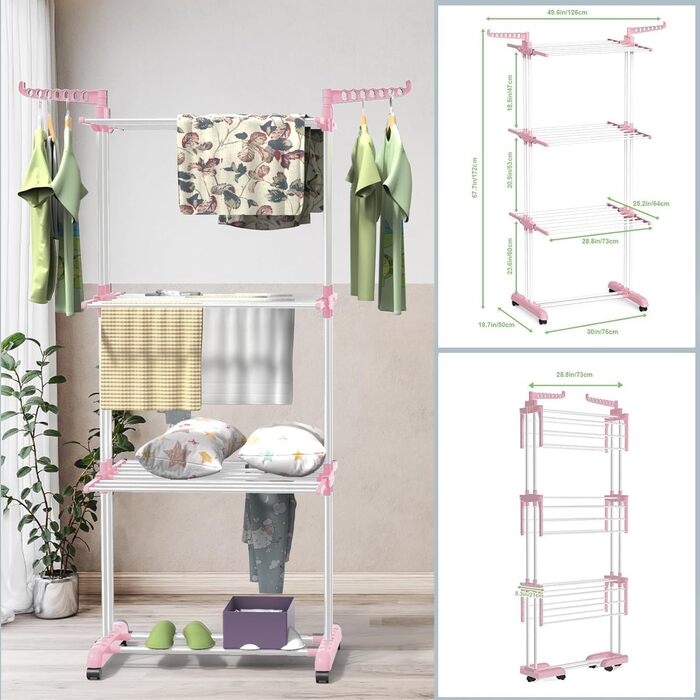 Foldable Stainless Steel Clothes Drying Rack with Wheels, Portable, for Indoor and Outdoor Use, White/Gray (Blue+White)
