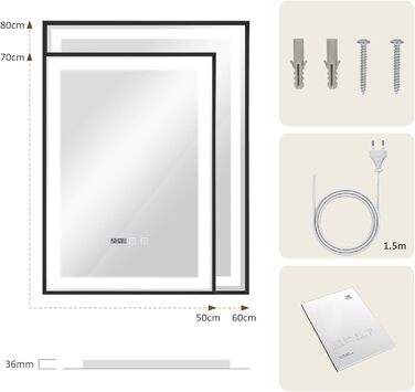 Дзеркало YOURLITE з підсвічуванням 70x50 см, LED дзеркало для ванної кімнати з годинником, сенсорне керування, 3 кольори світла, регулювання яскравості, антизапар, пам'ять, срібний (чорний-5070)