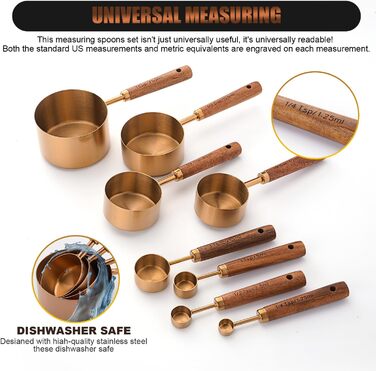 Gold Measuring Cup and Spoon Set with Wooden Handles, Premium Stainless Steel Measuring Spoons and Cups Set, for Cooking and Baking in the Kitchen (Bronze)