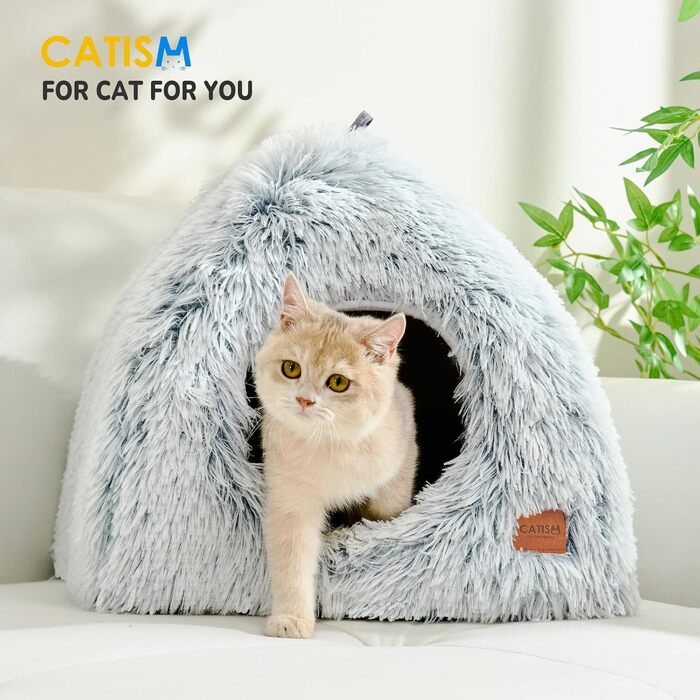 Cat Cave Cat Bed Cat House Cozy Cave 40x40cm Foldable Washable Comfortable Cat Sleeping Place for Cats Kittens Puppies with Removable Cat Head Pillow Beige (Gray-L)