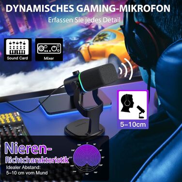 Динамічний мікрофон Haomuren XLR/USB з RGB-підсвіткою для геймінгу, подкастів та YouTube