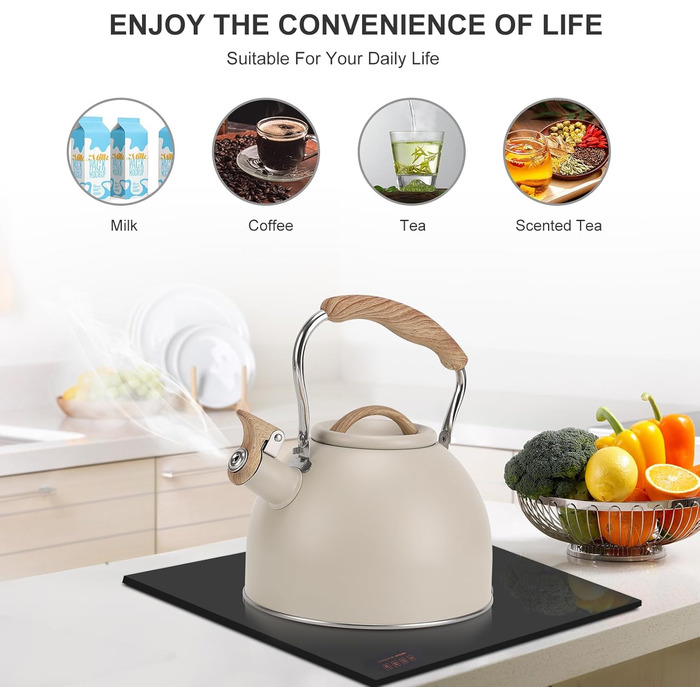 Чайник для плити Vegoran 3 літри, з гучним свистком, з нержавіючої сталі з дерев'яним декором, з клапаном, для чаю, кави, молока (зелений)