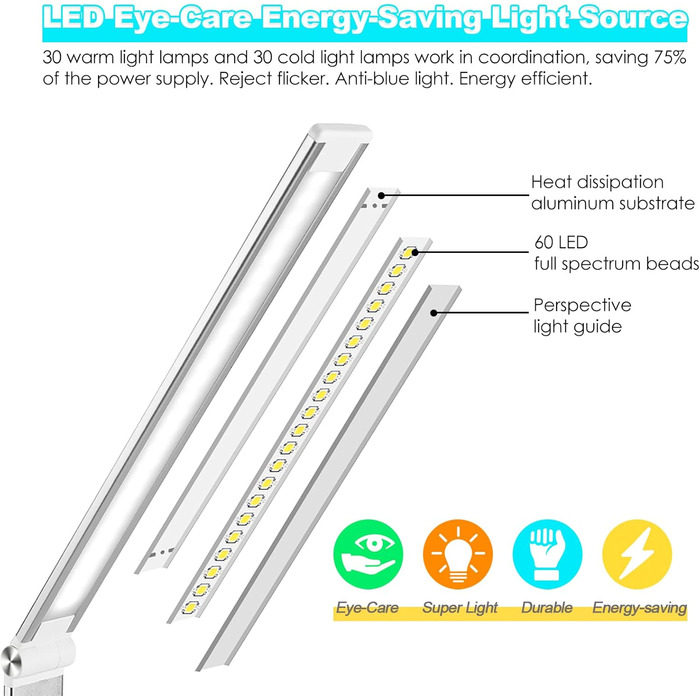 LED лампа настільна диммируемая 560LM з 5 режимами кольору та 10 рівнями яскравості, нічник, USB-порт, функція пам'яті та таймер, 10W - біла (адаптер 20W - срібний)
