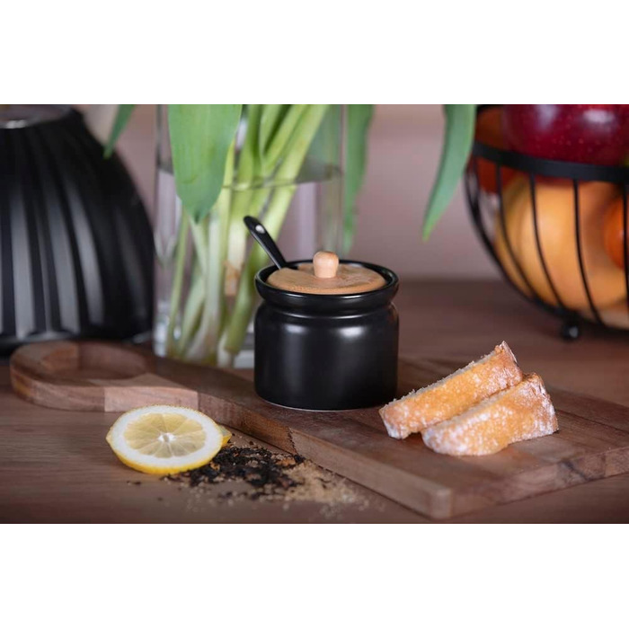 Цукорниця керамічна з бамбуковою кришкою та ложкою, цукровий контейнер (кругла, чорна)