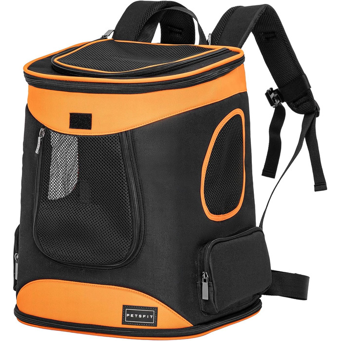 Рюкзак для кота та собаки Petsfit - зручний та дихаючий, до 5 кг, з сіткою та ременем, чорний та помаранчевий
