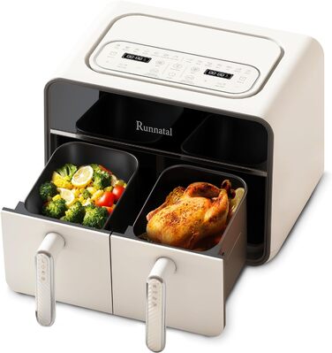 Runnatal Dual Zone Hot Air Fryer with Viewing Window, 8L Airfryer, 2100W, 2 Compartments, 14-in-1 Double Chamber Hot Air Fryer with Vegetarian and Meat Pots, 2 Chamber Airfryer, Non-Stick Coating