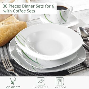 VEWEET Сервіз столовий 'Aviva' з порцеляни, 60 предметів | Комплект тарілок (глибокі, десертні), чашок та блюдець | Для 4-12 осіб