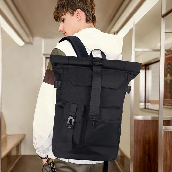 Roll-Top Backpack Waterproof, 27L Large Backpack Men Women, School Backpack with 17.3 Inch Laptop Compartment, Travel Backpack Hiking Backpack for Business Work College Travel Leisure (Black)