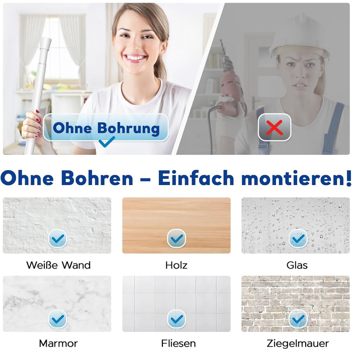 Штанга для карнизів без свердління, біла, 71-155 см, Ø 25 мм, телескопічна, для штор, душової завіси та гардеробу