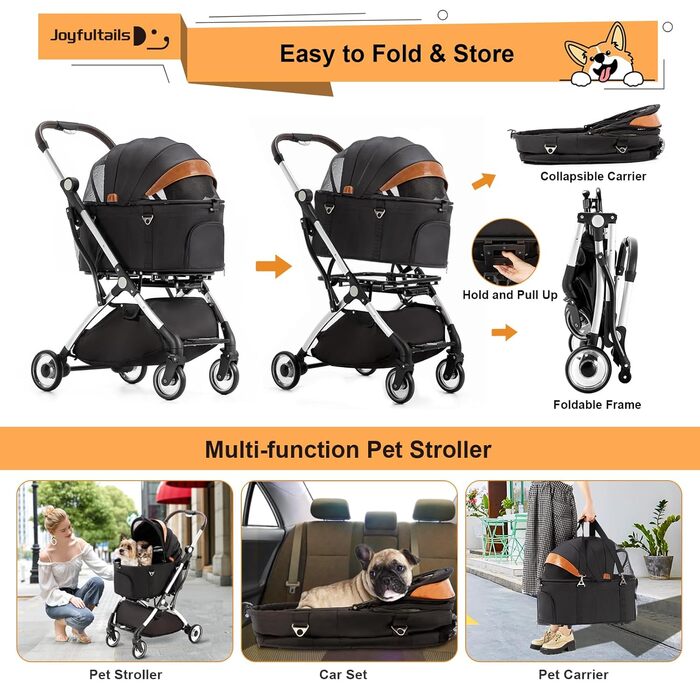 Візок для собак 3 в 1, до 15 кг, чорний. Розкладний візок для собак та котів з сумкою-переноскою та дощовиком. Підходить для маленьких та середніх порід.