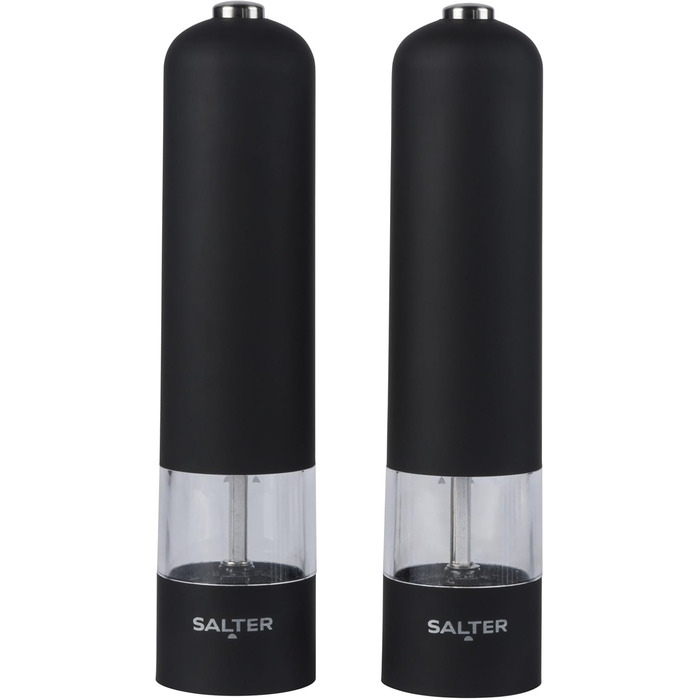 Набір електричних мельниць для солі та перцю Salter – зручне управління однією рукою, керамічний млин, регульований ступінь помелу, стильний чорний корпус з підсвічуванням