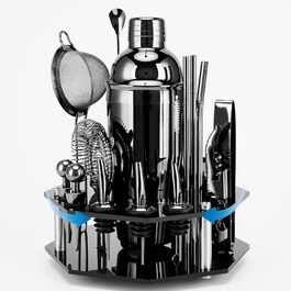 Набір для коктейлів 21 предмет | Набір шейкерів для коктейлів з обертовим підставкою | Шейкер з міцної нержавіючої сталі з аксесуарами | У комплекті стильна чорна подарункова коробка | Барний набір (Чорний)